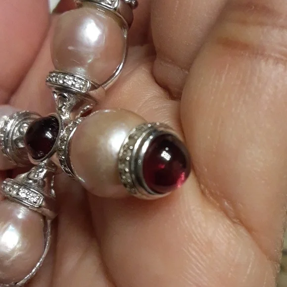 925 Genuine Pearls with Garnet Cabochons end Caps. - Picture 3 of 14